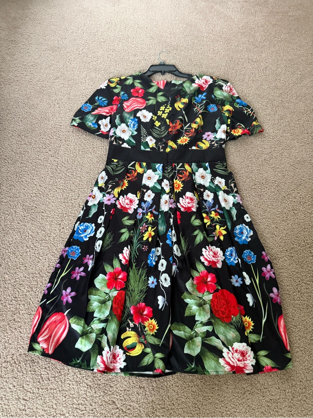 Black Floral Fit-and-Flare Dress with Bright Multicolor Blooms